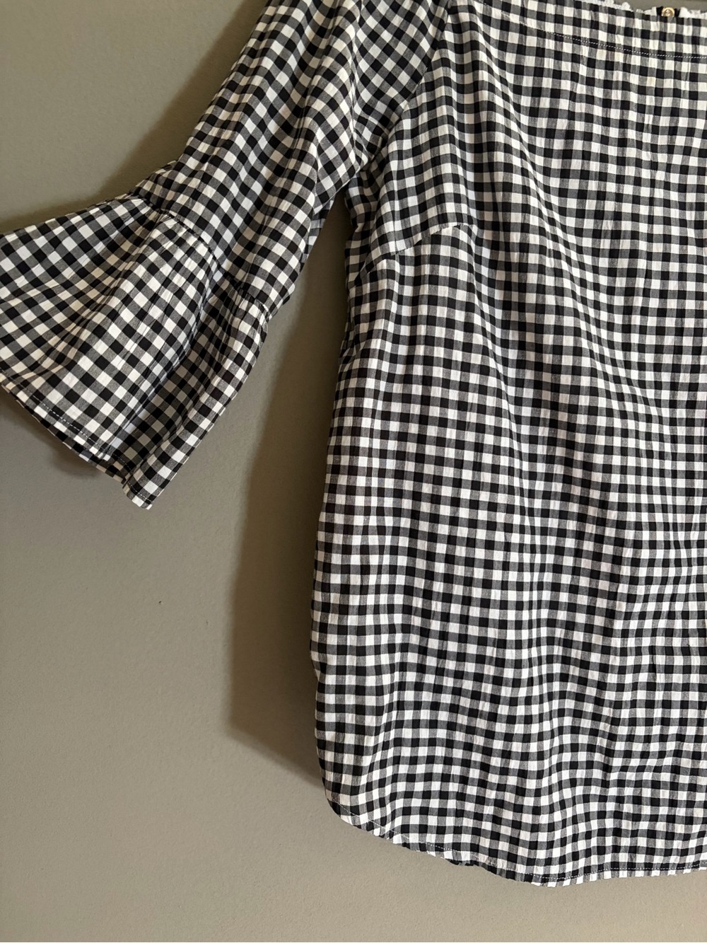 WHBM Blouse White House Black Market Gingham Square Neck Bell Sleeve Cottagecore - Picture 3 of 14